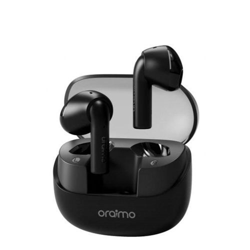Original Oraimo TWS earphones by ZAMORA MART, wireless earbuds with sleek design and charging case, in black color.