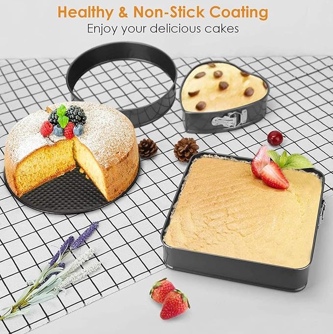 Set of three ZAMORA MART springform cake pans for baking, with non-stick surfaces and adjustable sides for easy cake removal.