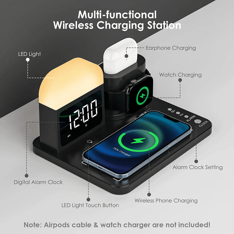 ZAMORA MART 5-in-1 wireless charging station with multiple charging pads and ports for smartphones, smartwatch, and earbuds.