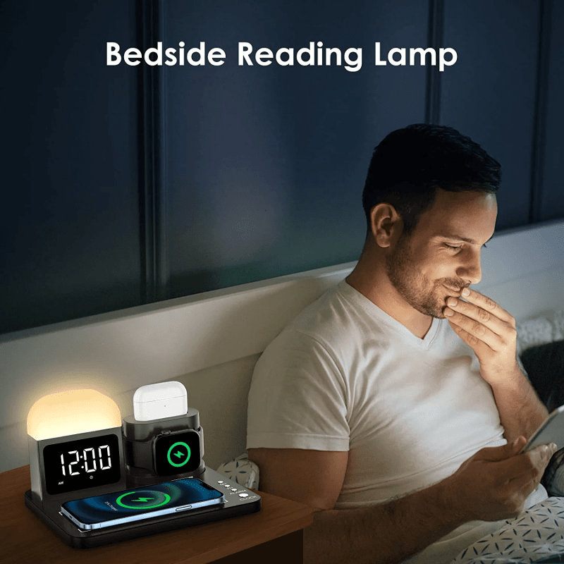 ZAMORA MART 5-in-1 wireless charging station with multiple charging pads for smartphones, earbuds, and smartwatch.
