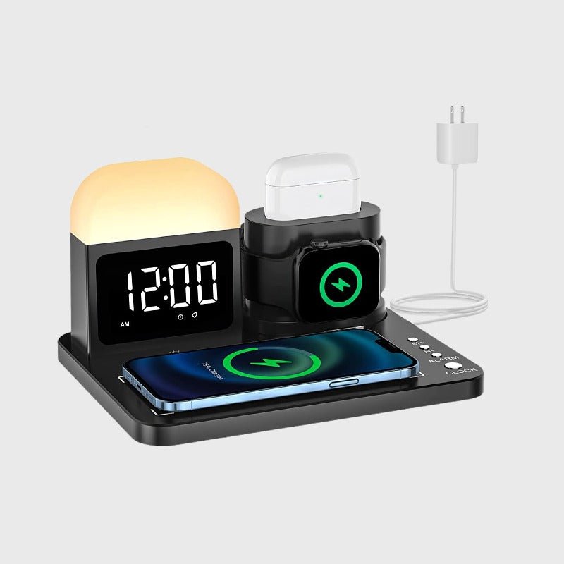 ZAMORA MART 5-in-1 wireless charging station with multiple charging pads for smartphones, smartwatch, and earbuds.