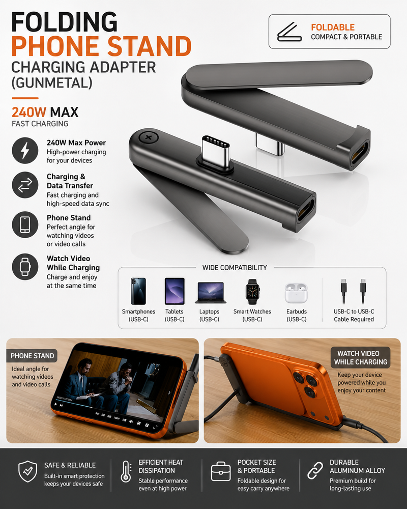 ZAMORA MART USB-C phone stand adapter holding a smartphone for hands-free viewing on a desk.