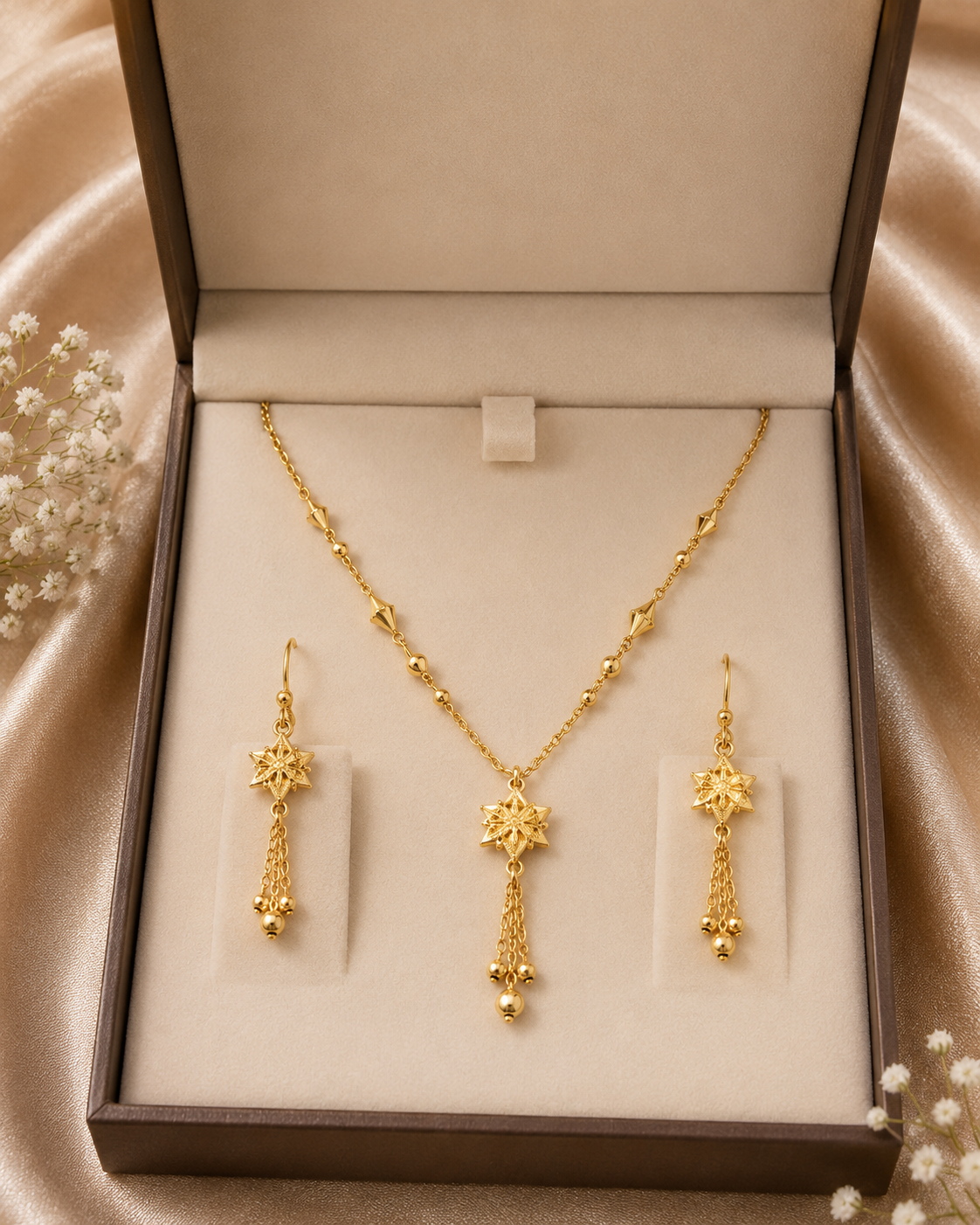 Elegant jewelry necklace set featuring intricate design, crafted by ZAMORA MART, displayed on a neutral background.