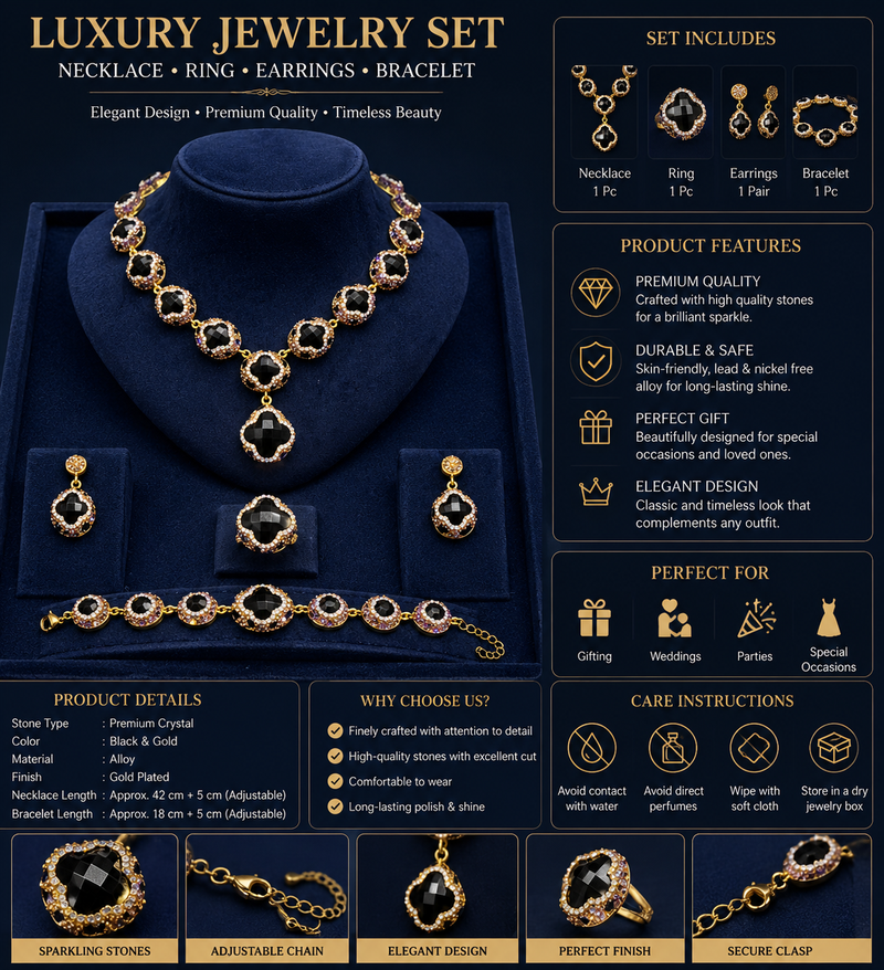 Elegant jewelry set by ZAMORA MART featuring matching necklace, earrings, and bracelet with intricate design details.