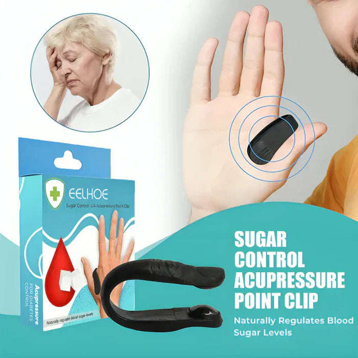 ZAMORA MART sugar control acupressure point clip for managing sugar levels, shown on a person's hand in the image.