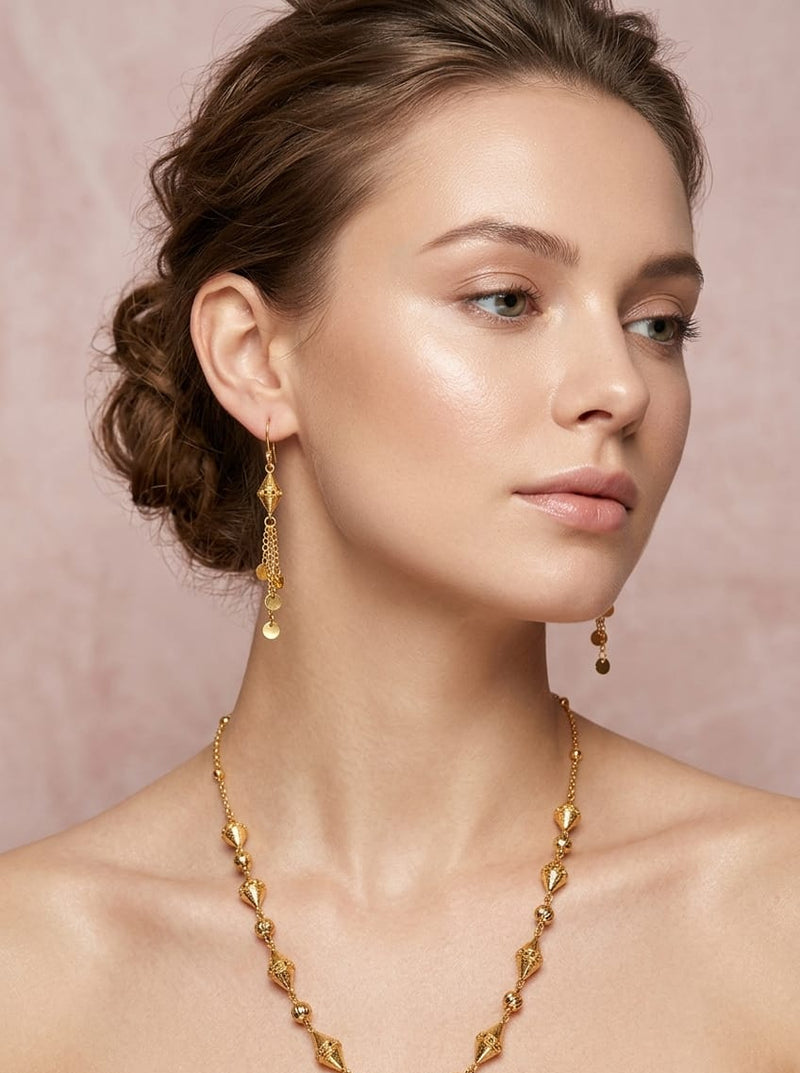 Elegant jewelry necklace set by ZAMORA MART featuring intricate design and matching earrings, displayed on a neutral background.