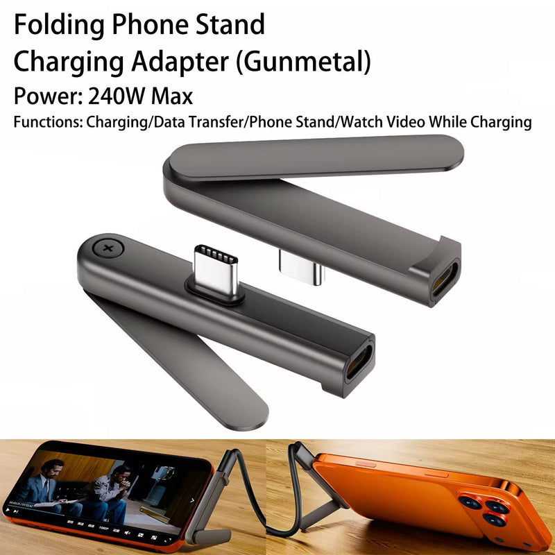 ZAMORA MART USB-C phone stand adapter holding a smartphone, compact and portable phone stand for easy viewing and hands-free use.
