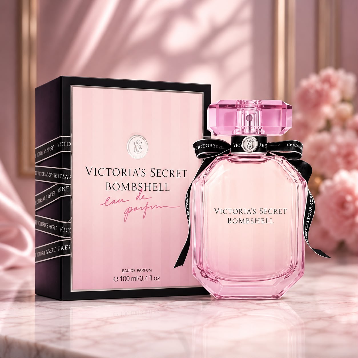Victoria’s Secret fragrance bottle by ZAMORA MART, elegant design with floral and fruity notes, close-up view of the perfume.