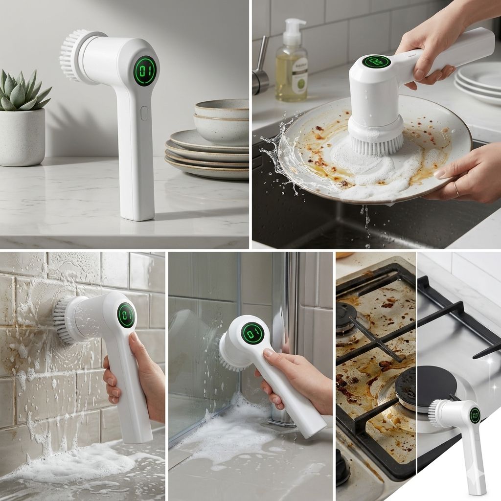 ZAMORA MART electric scrubber with ergonomic handle and rotating brush for deep cleaning of surfaces.