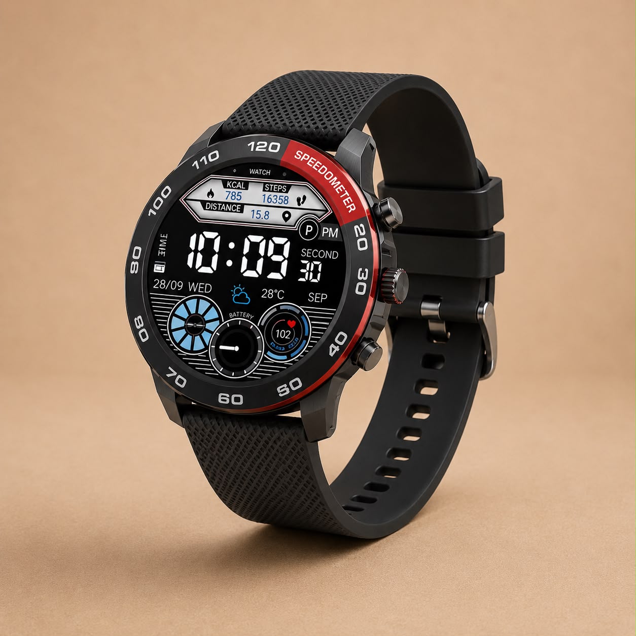 ZAMORA MART Hepu smart watch with black strap and digital display showing time and fitness stats.