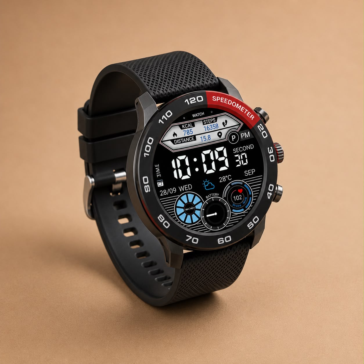ZAMORA MART Hepu smart watch with digital display, black band, and fitness tracking features on a white background.