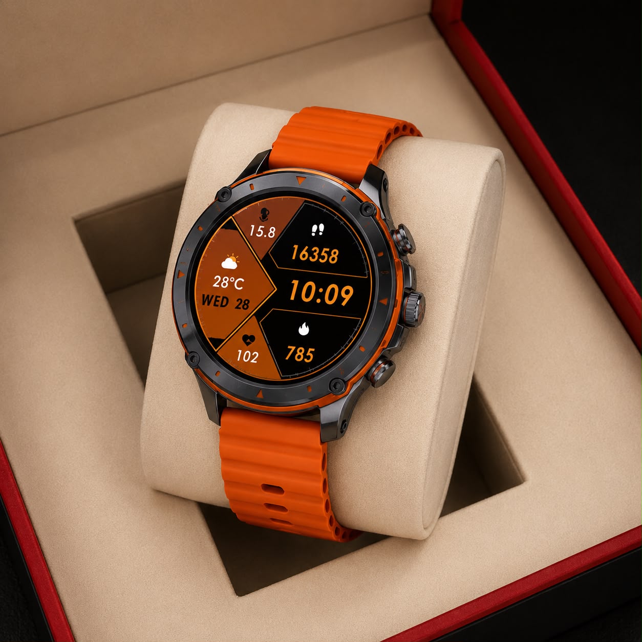 ZAMORA MART 7 Amoled Smartwatch showing digital display with fitness tracking and sleek black band.