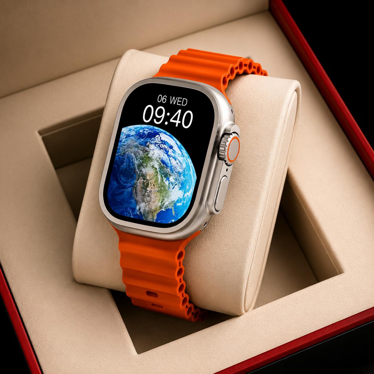 ZAMORA MART smart watch with digital display, black strap, and fitness tracking features on a white background.