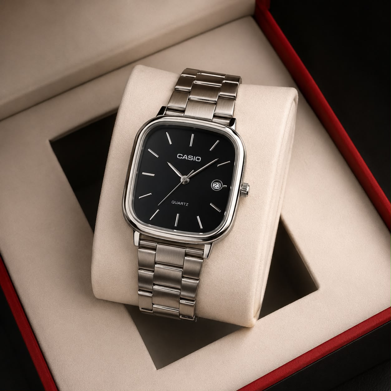 ZAMORA MART Casio square watch with black band and digital display, showing the time on a sleek, modern watch face.