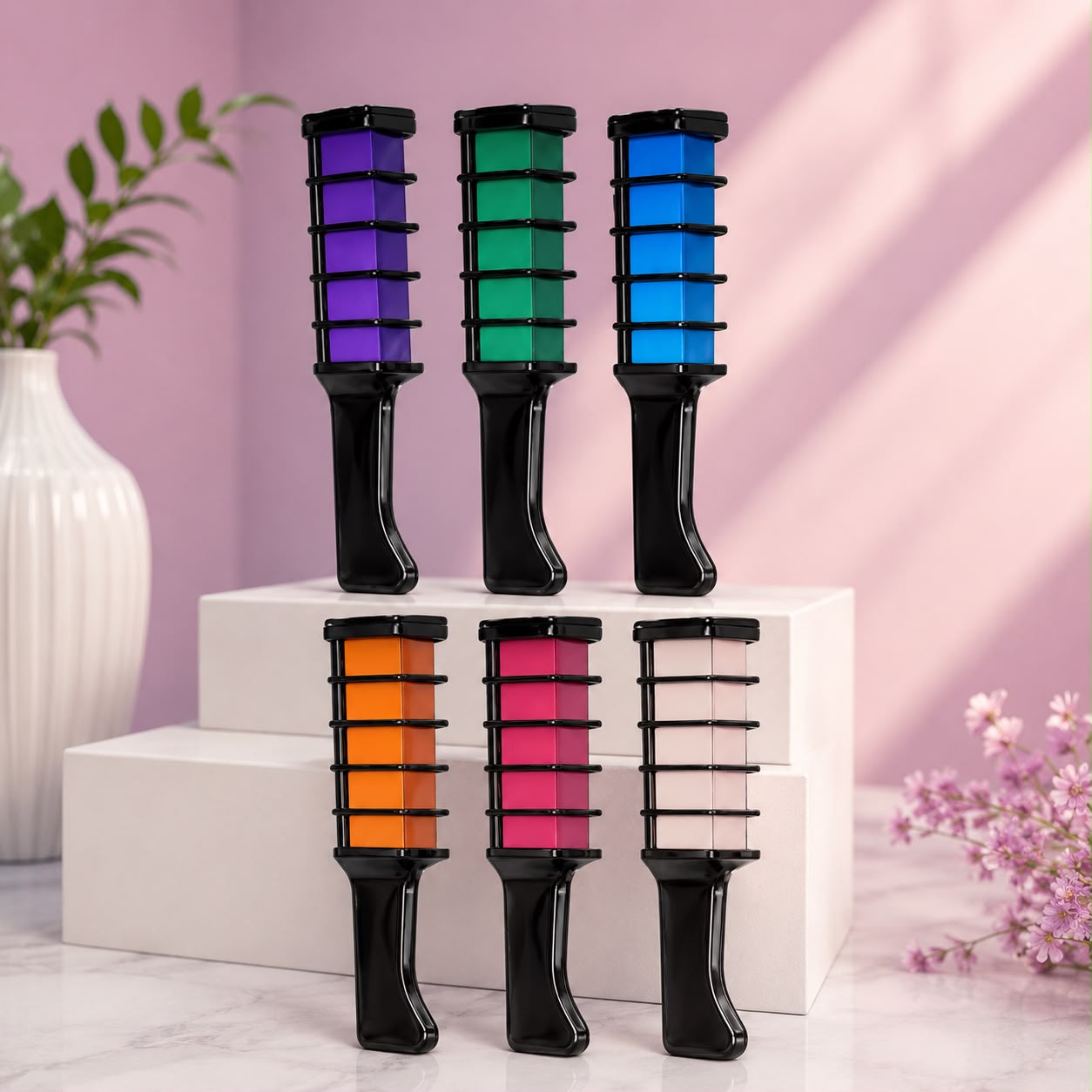 Six ZAMORA MART hair dye combs laid out, showcasing their fine teeth and ergonomic handles for easy hair coloring application.