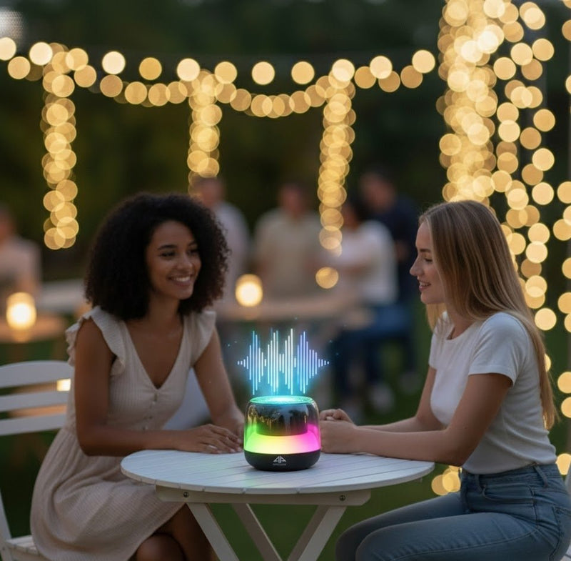 Colorful ZAMORA MART wireless speaker with vibrant design, compact shape, and buttons on top for portable audio playback.
