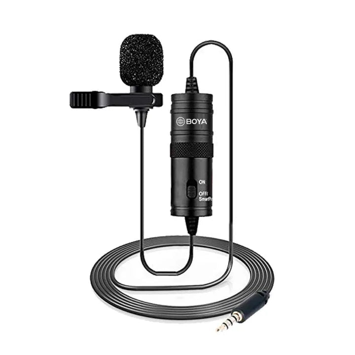 ZAMORA MART Boya lavalier microphone clipped to clothing, compact professional microphone for recording audio.