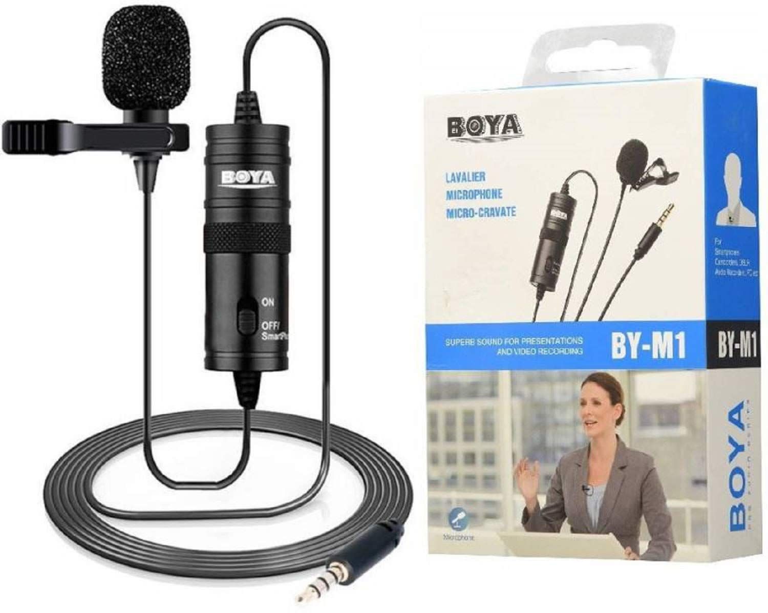 ZAMORA MART Boya Lavalier Microphone clipped to a shirt, showing compact design for clear audio recording and interviews.