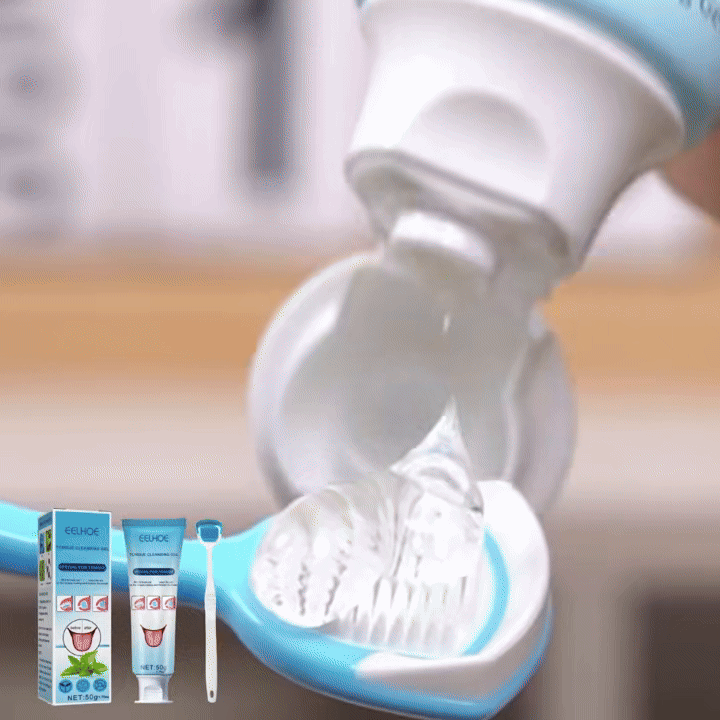 ZAMORA MART tongue cleansing gel in a tube, showing the product's packaging and applicator for fresh breath and oral hygiene.