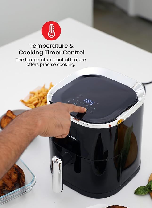 ZAMORA MART deep air fryer with touch display, sleek black design, digital control panel, and adjustable temperature settings.