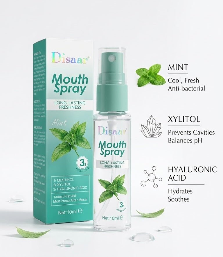 ZAMORA MART mouth spray bottle with a sleek design, used for freshening breath and oral hygiene.