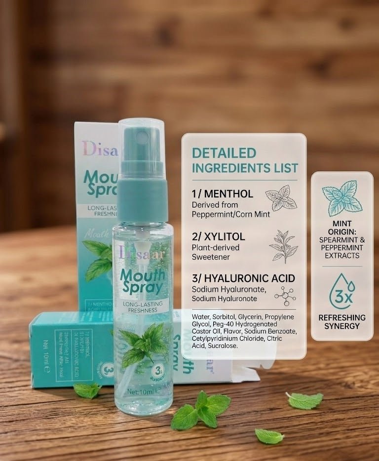 ZAMORA MART mouth spray bottle with a sleek design, used for freshening breath and oral freshness.