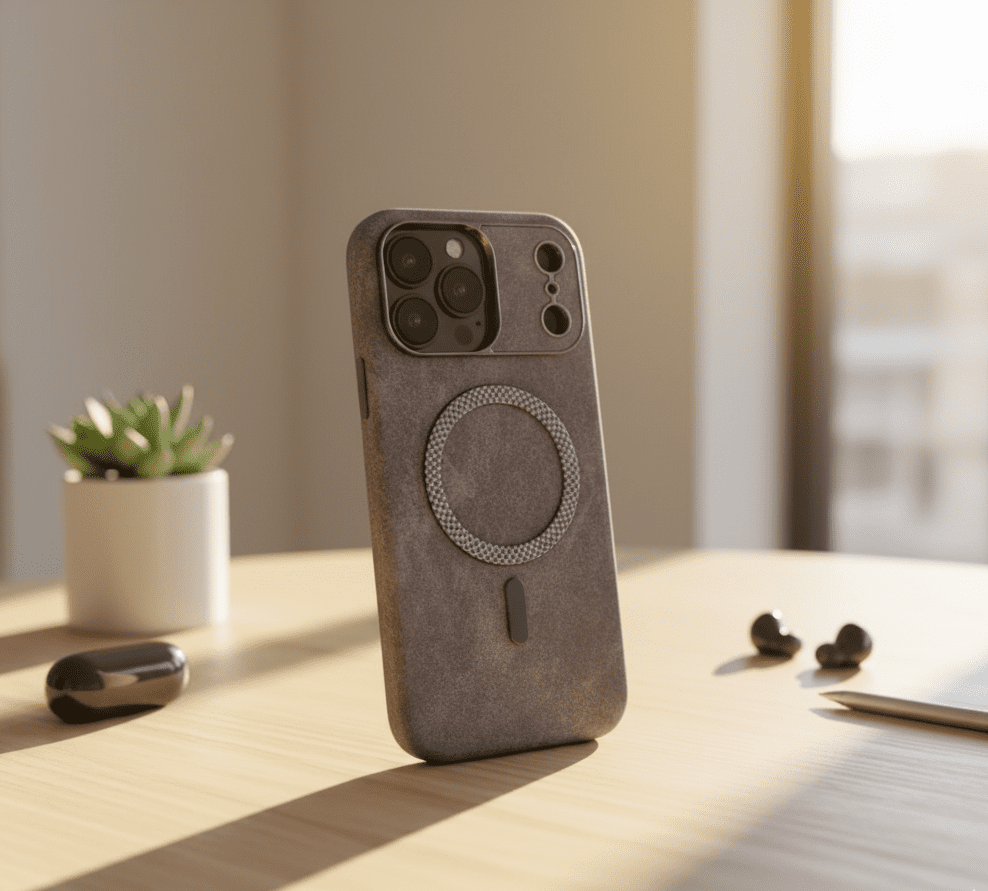 Leather case for iPhone by ZAMORA MART, showing a sleek brown leather cover with precise cutouts for buttons and camera.