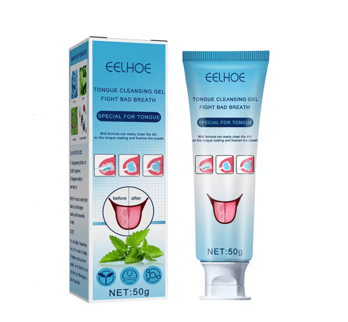 ZAMORA MART Tongue Cleansing Gel bottle showing clear gel inside, designed for freshening breath and oral hygiene.