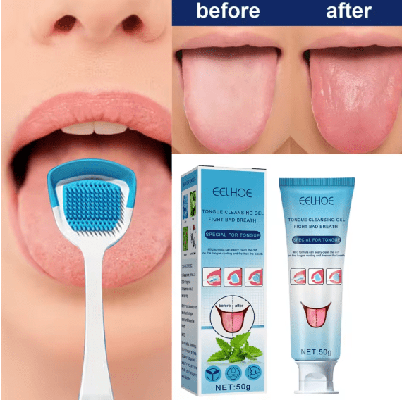 ZAMORA MART Tongue Cleansing Gel in a clear tube, showing the gel formula with branding on the packaging.