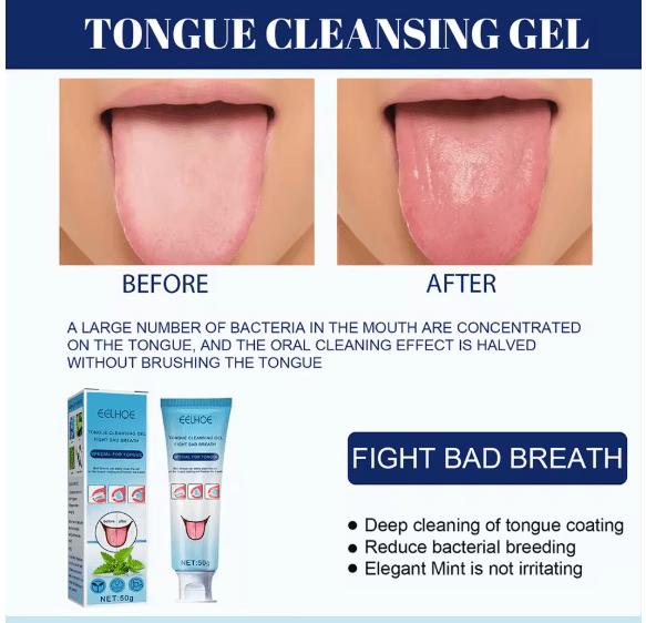 ZAMORA MART Tongue Cleansing Gel in a clear tube with green cap, designed for freshening and cleaning the tongue.