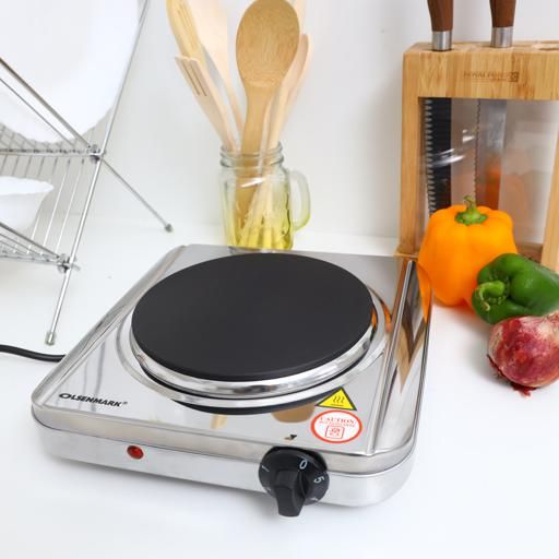 ZAMORA MART electric hot plate with black ceramic surface and control knob, compact kitchen appliance for cooking or heating.