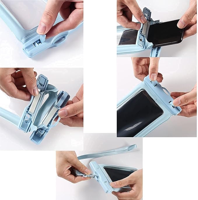 ZAMORA MART floating waterproof phone pouch showing transparent design, secure closure, and buoyant feature for water protection.