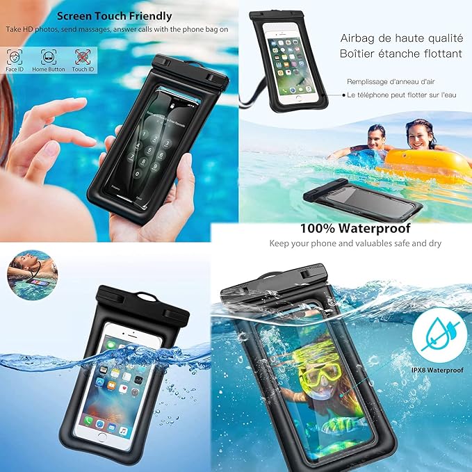ZAMORA MART floating waterproof phone pouch showing a clear, sealed pouch with a phone inside, designed for underwater protection.