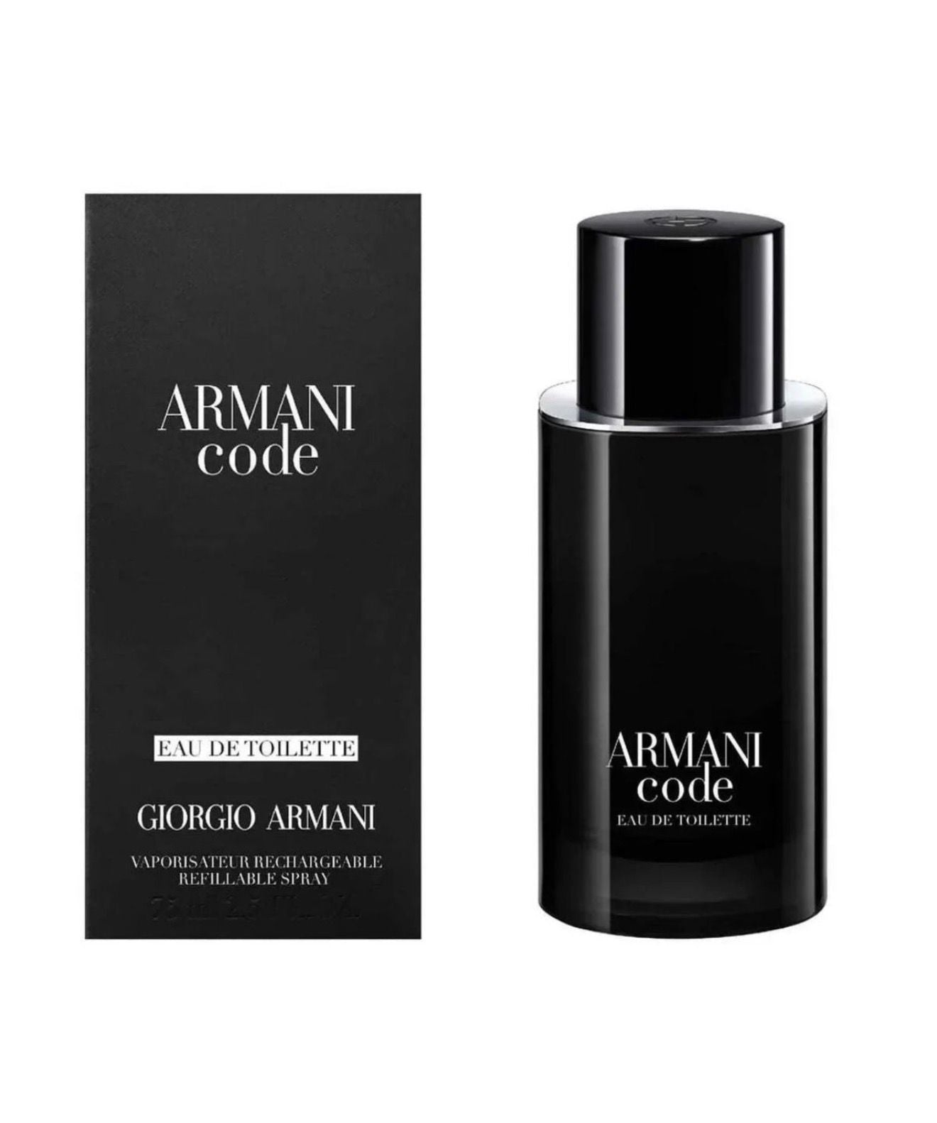 Giorgio Armani Code Eau de Toilette refillable spray by ZAMORA MART, elegant fragrance bottle with sleek design.