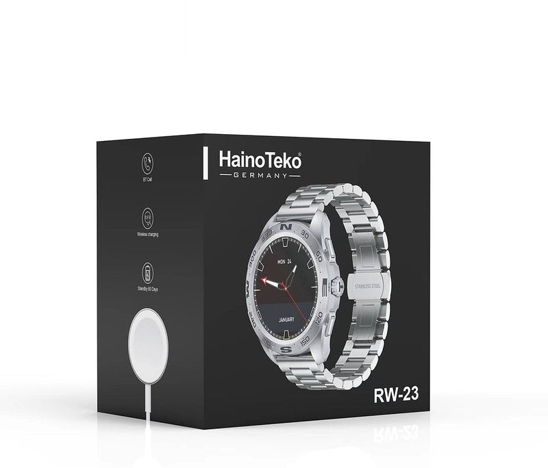 Haino Teko RW-23 smartwatch with digital display, fitness tracking features, and sleek black band showing on wrist.