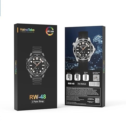 ZAMORA MART RW-48 Smart Watch with digital display, black band, and sleek design.