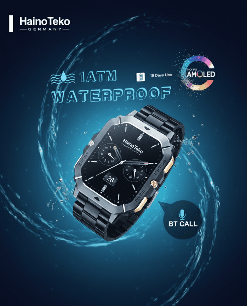 ZAMORA MART Haino Teko Amole smartwatch with colorful display, fitness tracking, and sleek black band on white background.