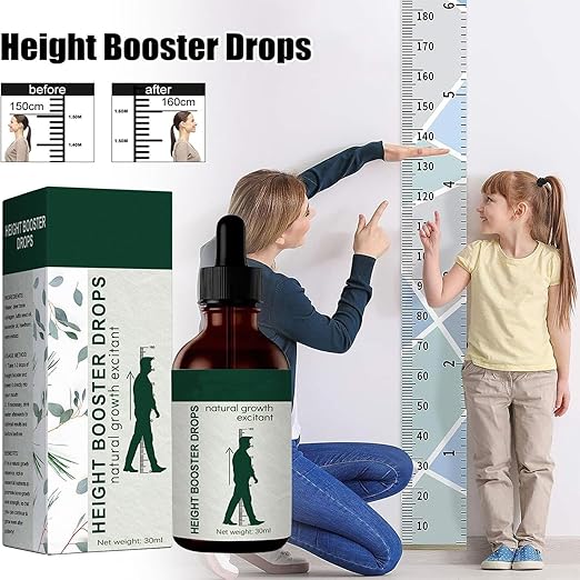 ZAMORA MART Height Booster Drops in 30ml bottle, showing the product in a clear dropper bottle with label and dropper cap.