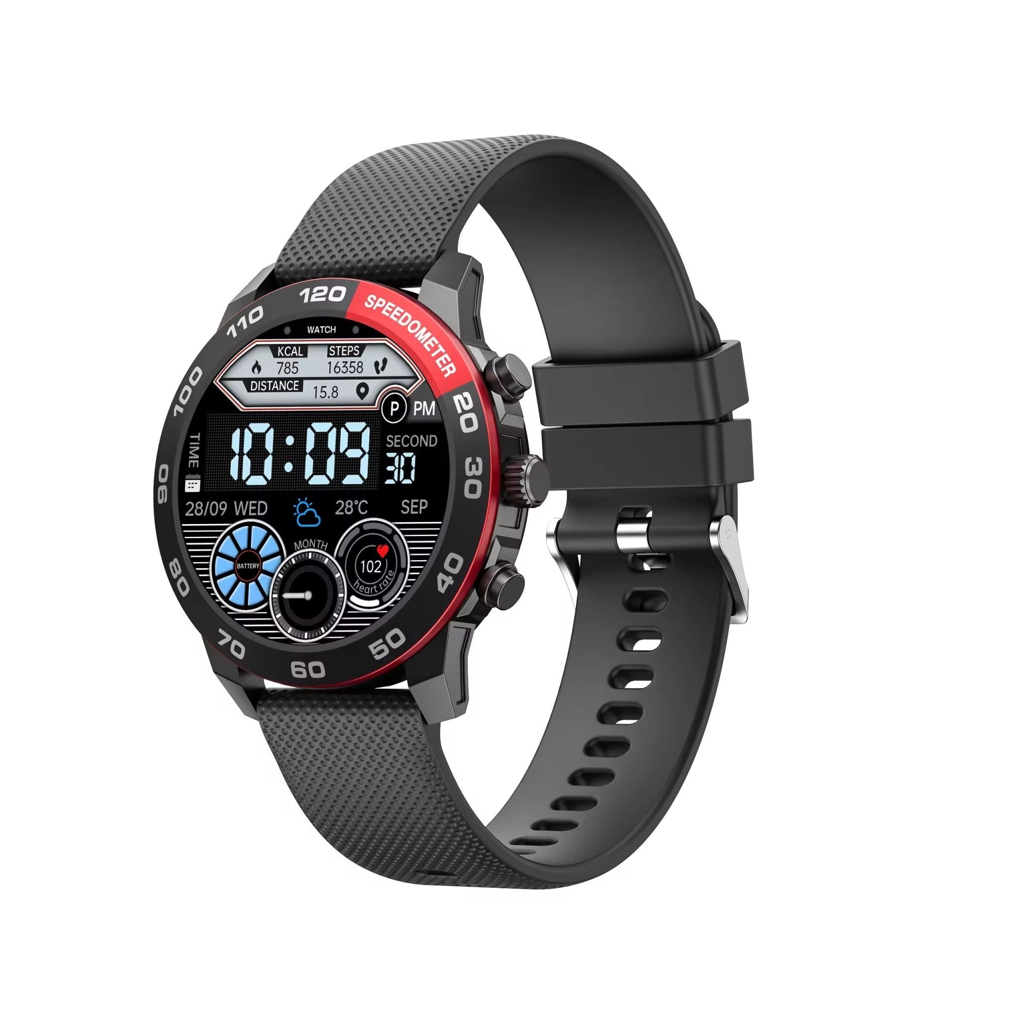 ZAMORA MART Hepu smart watch with digital display, sleek black band, and fitness tracking features on a white background.