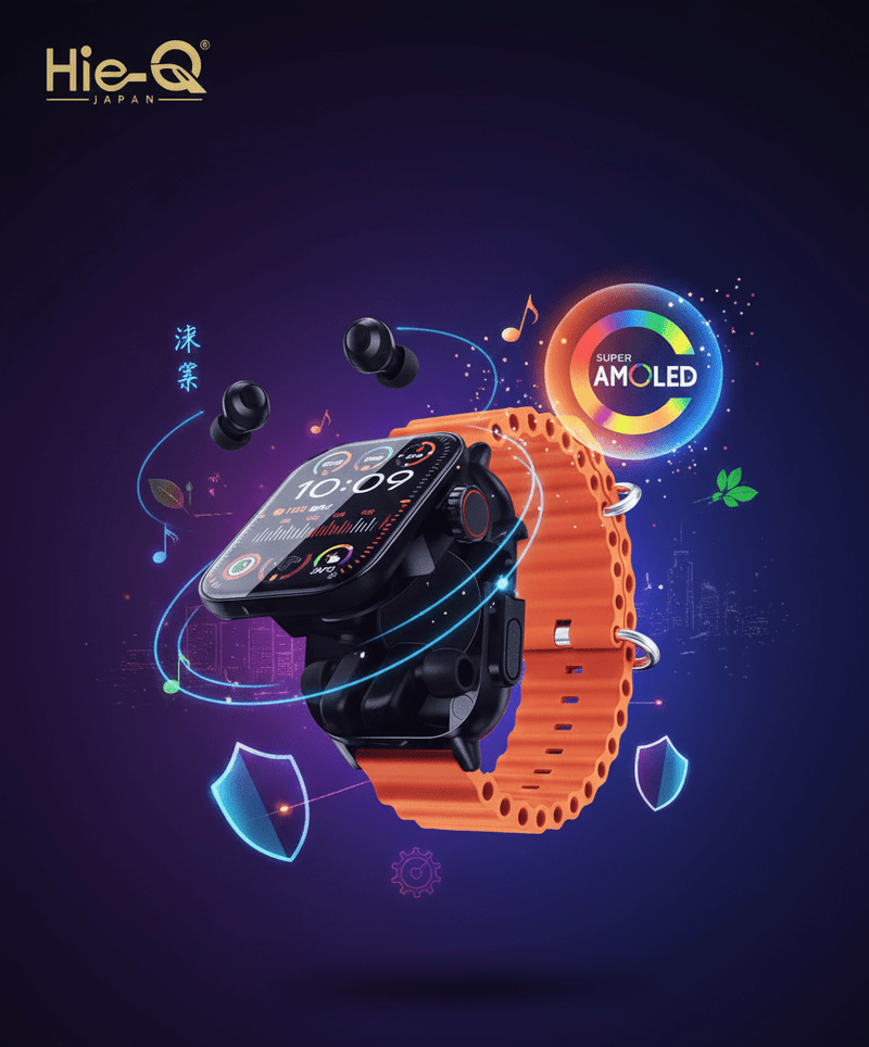 ZAMORA MART Hie-Q TWS AMOLED smart watch displaying a colorful digital screen with fitness and notification icons