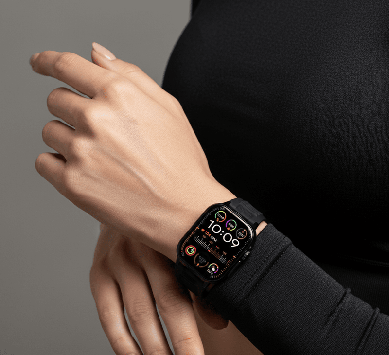 ZAMORA MART Hie-Q TWS AMOLED Smart Watch showing a colorful display, sleek black band, and touch interface.