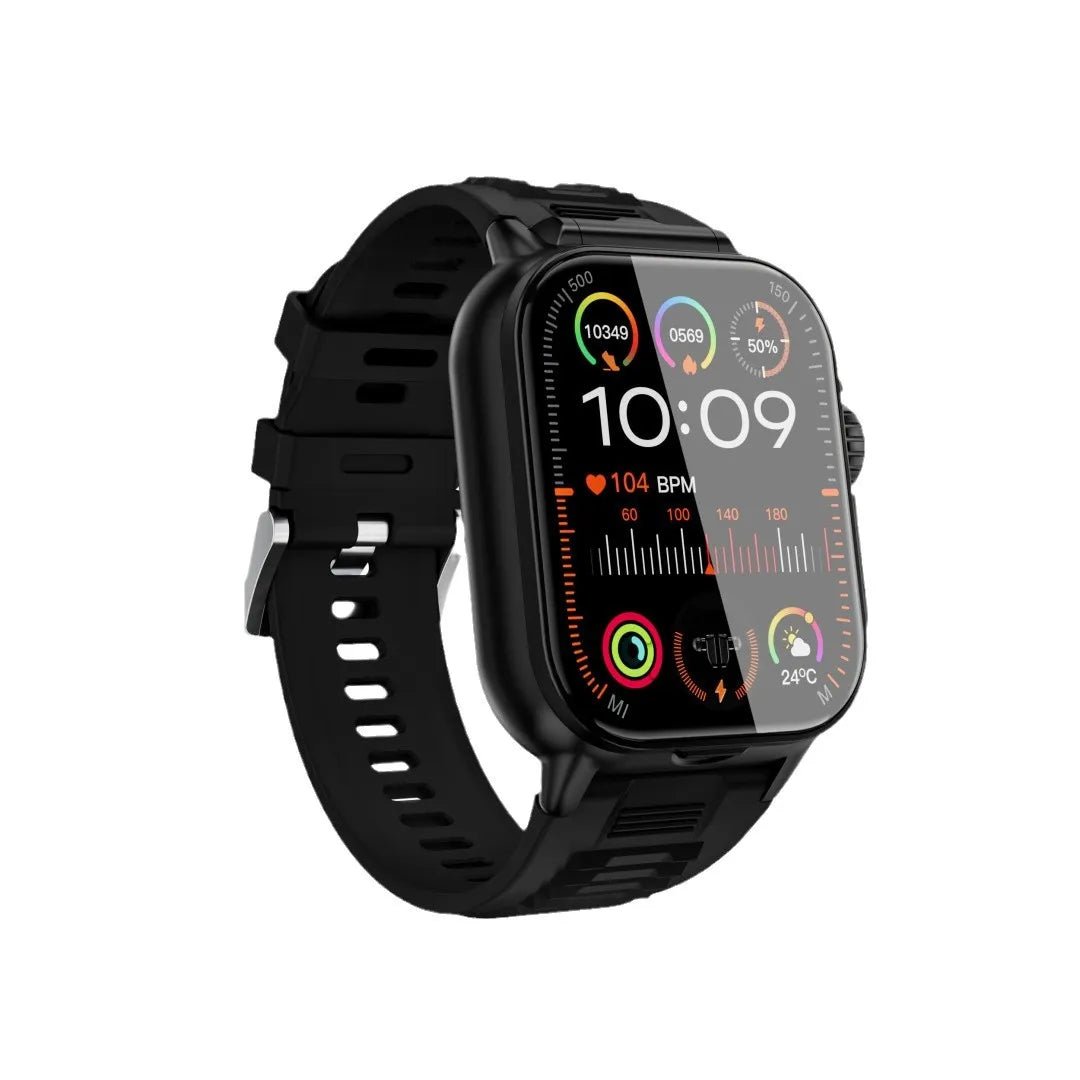 ZAMORA MART Hie-Q TWS AMOLED Smart Watch displaying digital time and fitness tracking on a sleek black watch face.