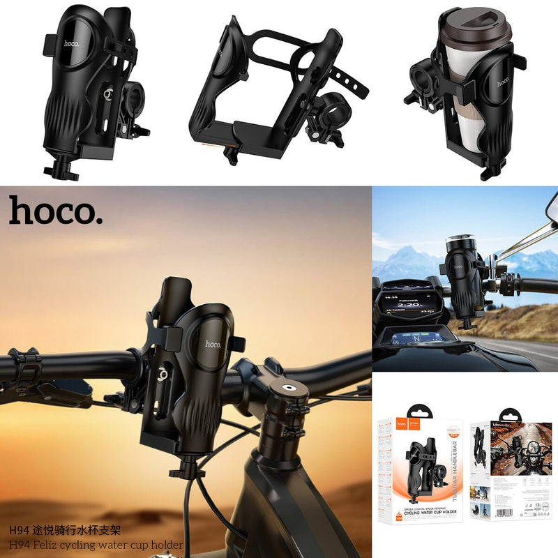 ZAMORA MART Feliz Cycling Water Cup Holder attached to a bicycle handlebar for holding water bottles during rides.