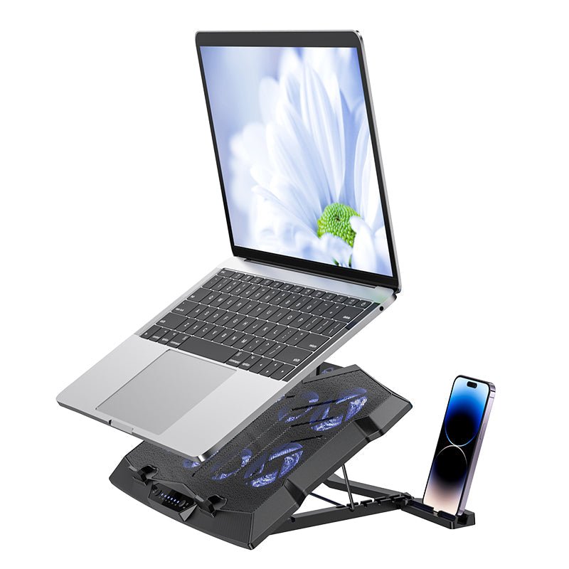 ZAMORA MART Monte Notebook Cooling Fan, compact black USB-powered cooling fan for laptops, with adjustable tilt and airflow.