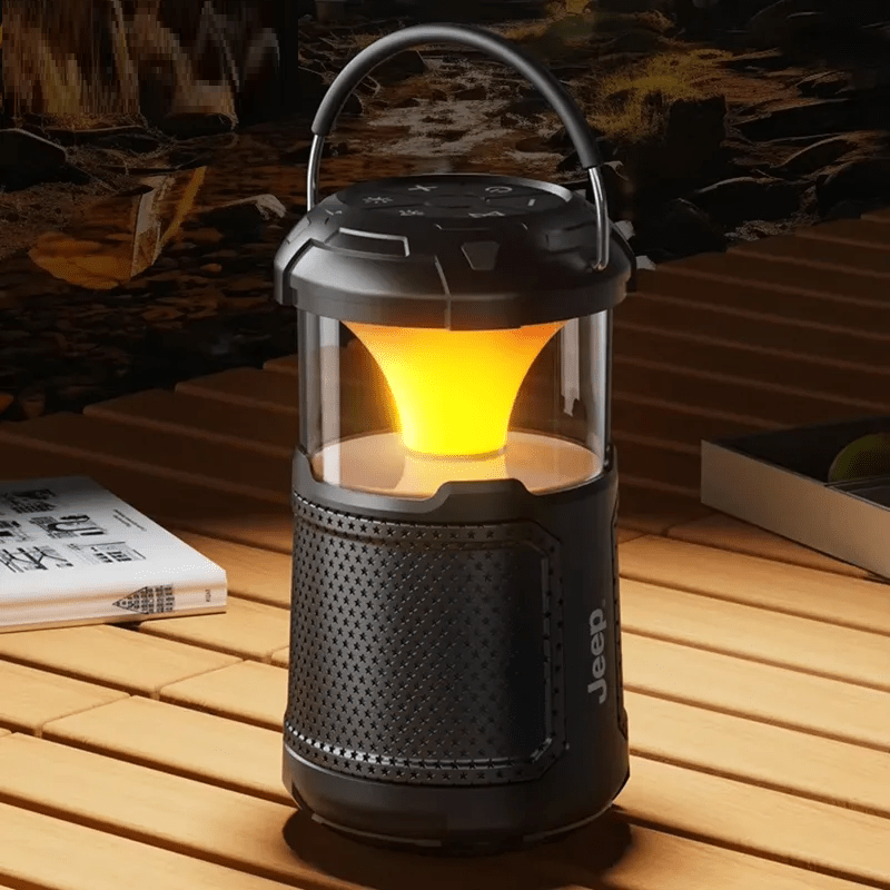ZAMORA MART outdoor Bluetooth speaker in a rugged design, perfect for outdoor use, shown on a Jeep vehicle.