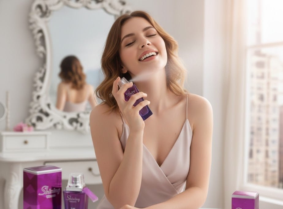 Shining Women Eau de Parfum by ZAMORA MART features a sleek bottle, representing a floral and luminous fragrance for women.