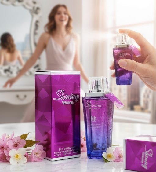 Shining Women eau de parfum by ZAMORA MART featuring a sleek glass bottle with a silver cap and floral accents.