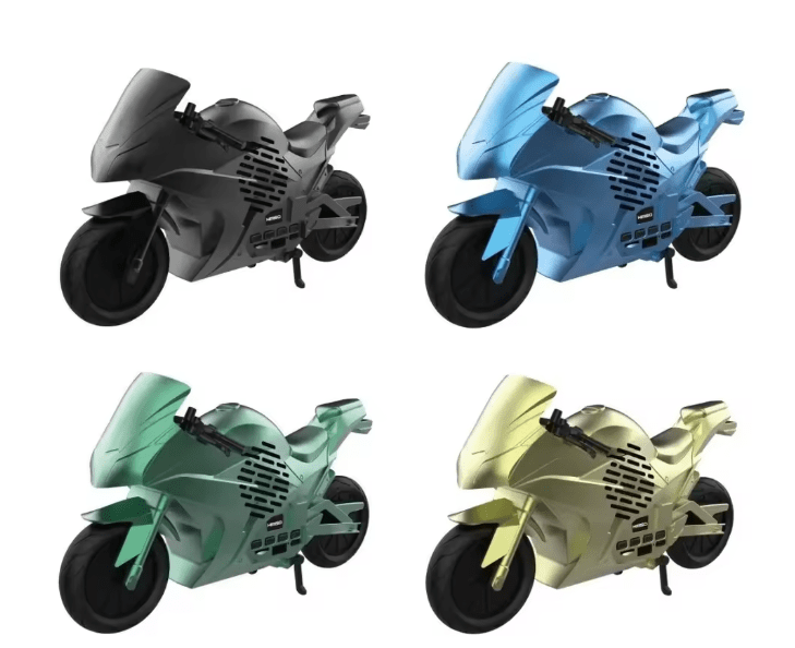 Portable motorcycle-shaped speaker by ZAMORA MART with sleek design and black finish, ideal for on-the-go audio enjoyment.