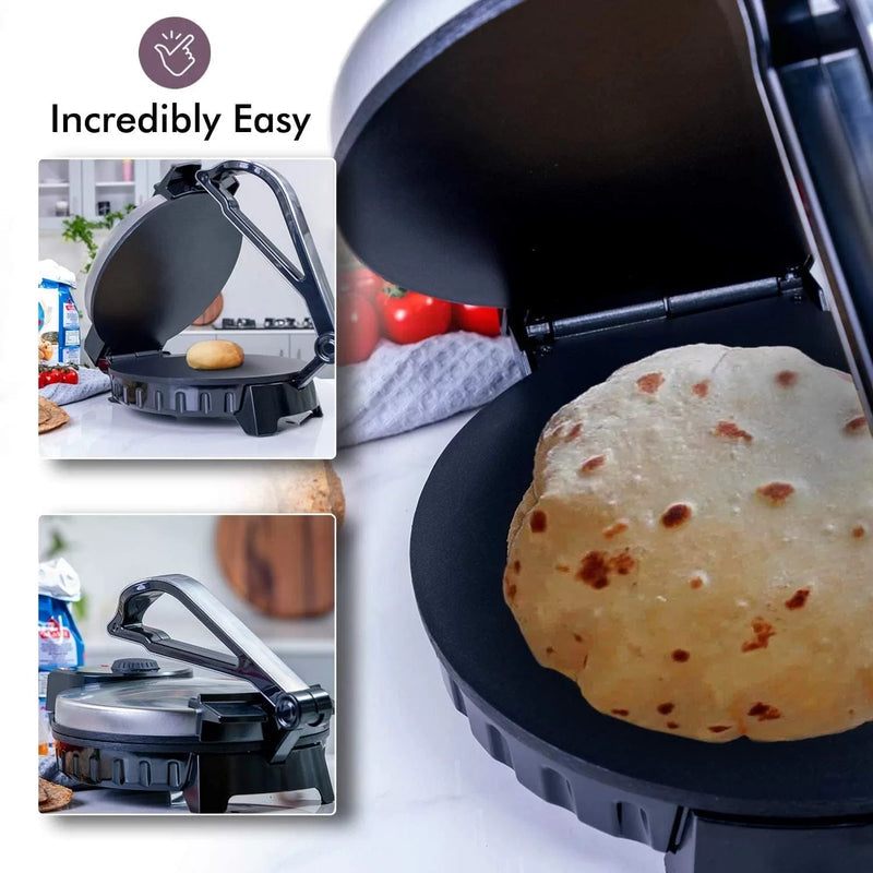 ZAMORA MART LAC electric roti maker with stainless steel body and non-stick cooking surface for quick, even roti preparation.