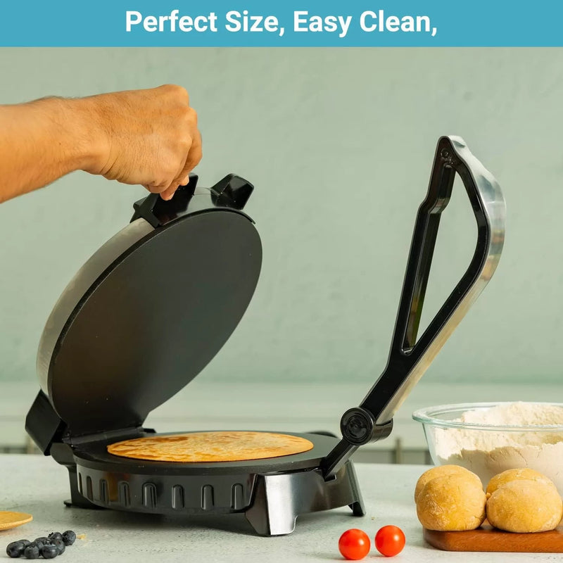 ZAMORA MART LAC electric roti maker with non-stick cooking surface and control knob for easy bread preparation.